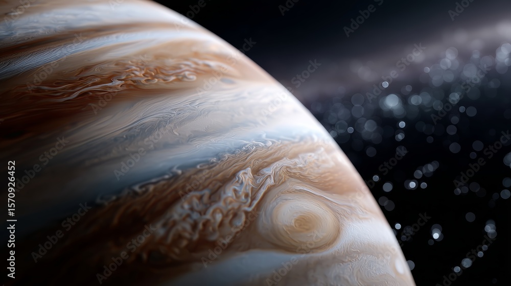 Poster jupiter's swirling storms and colorful atmosphere captured from a distance in deep space