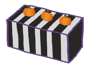 A rectangular black and white striped cake decorated with orange pumpkins, suitable for Halloween.
