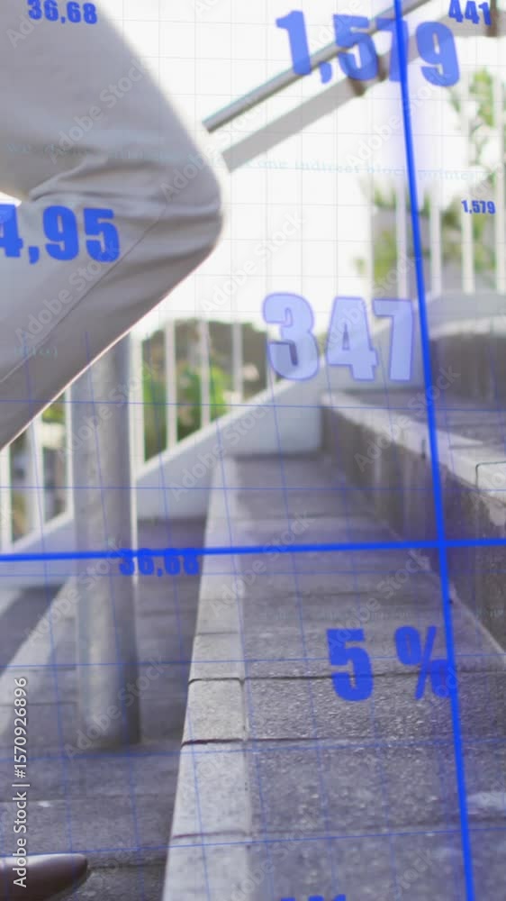 Poster animation of statistics and data processing over caucasian businessman on stairs