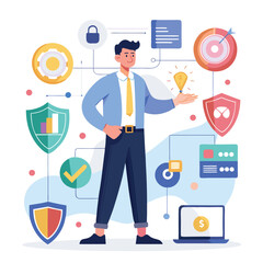 Vector illustration of business people with money and infographic elements, a modern flat design concept for success and technology