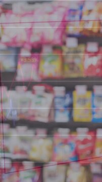 Animation of statistics data processing and globe over food in supermarket