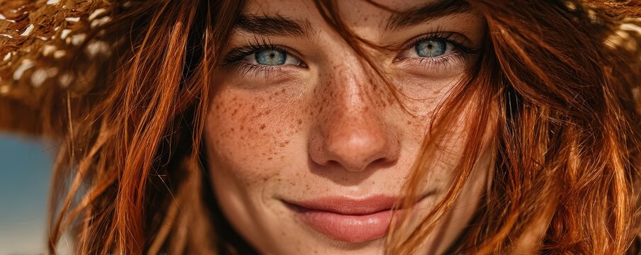 Close-up portrait of a red-haired woman with blue eyes smiling outdoors - Powered by Adobe