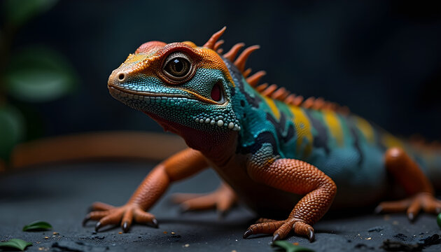 Close up of a colorful lizard on a dark surface looking forward