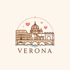 Elegant vector of Verona skyline with heart icons and bridge over water. Romantic travel design in soft colors