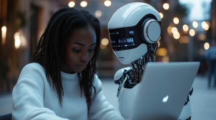 young woman using digital tablet in the city, Generative AI