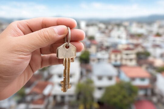 Hand holding house key in city
