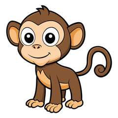 Cartoon brown monkey is standing happily with a curly tail and cute face