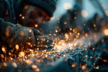 Worker Using Industrial Equipment with Flying Sparks in Dim Workshop