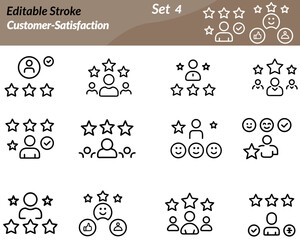 A customer satisfaction icon set includes vector illustrations of happy customers, star ratings, feedback forms, smiley faces, support agents, and thumbs-up symbols. Ideal for business presentations.