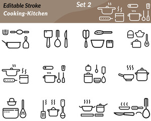 A cooking and kitchen icon set includes vector illustrations of culinary tools and elements such as pots, pans spatulas chef hats ovens cutting boards, knives, and ingredients. Ideal for recipe blogs.