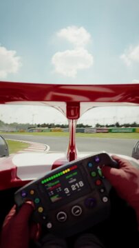 Driver point of view shot of a race car doing a full lap on the track overtaking an opponent and crossing the finish line. Looping video. POV. Car point of view. 3d animation rendering.