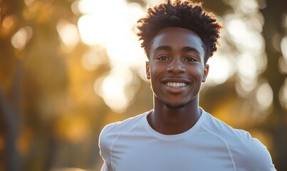 Close-up of a happy Black teenager jogging outdoors in nature. Young African American man exercising, running outside to keep fit. Copy space for fitness message, Generative AI