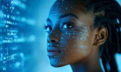 young woman with binary code background, Generative AI