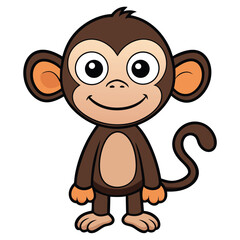 Fototapeta premium Cute, brown cartoon monkey stands, offering a gentle smile with its tail curled