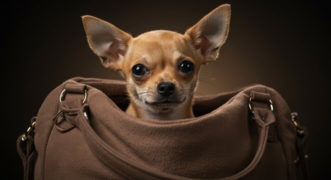 Adorable Chihuahua Puppy Hiding in a Brown Handbag