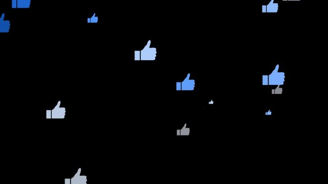 Social media like emoji icon animation on transparent background with Alpha channel. Facebook Live  stream reactions black screen. social media Like react element. thumb up flying up. emotional react.