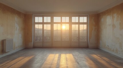 Obraz premium Empty room, sunset through large windows