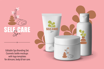 Cosmetic Mockup Set and banner template. Editable Branding with Realistic Bottles and Logo Elements