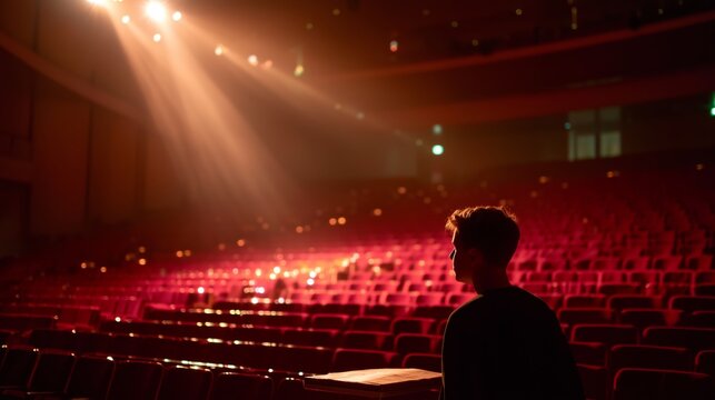 Performer prepares for an upcoming show in an empty theater during evening hours