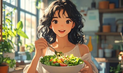 Happy young healthy mixed-race woman eating a salad lunch bowl at home on her lunch break. Healthy eating macronutrients for better mental health and to destress from work, Generative AI
