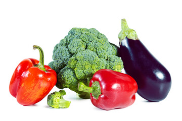 Fresh juicy ripe broccoli, bell pepper and eggplant isolated on white background.