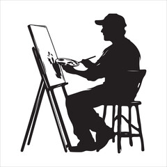 Woman drawing flower on canvas art illustration painting hobby artist creative design vector silhouette 