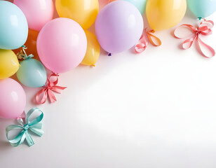 colorful balloons on a white background, Pastel balloons and paper decorations on a white background with copy space. Festive craft party decoration, frame, or border for text. birthday celebration 