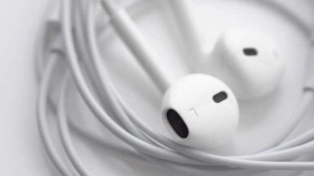 Wired white headphones. Gadgets and electronic devices
