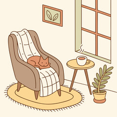 A cozy room with a cat sleeping on a blanket draped over an armchair next to a table and window scene