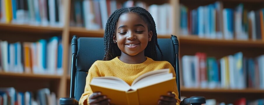 Happy disabled Black school pupil sitting in a wheelchair reading a library book. African American child with disability learning in a classroom. Inclusive and diverse education, Generative AI