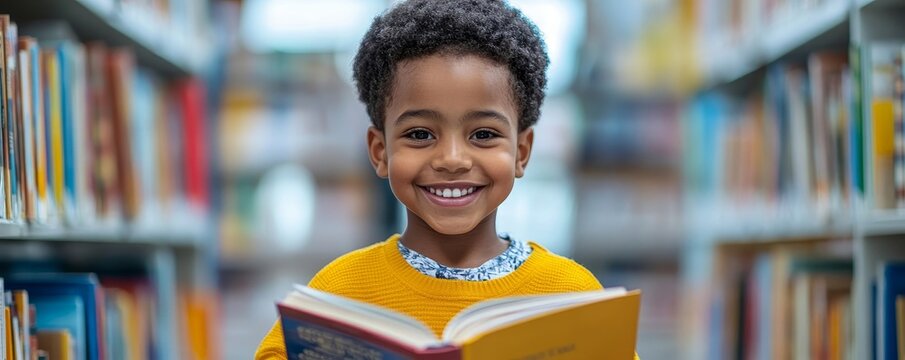 Happy disabled Black school pupil sitting in a wheelchair reading a library book. African American child with disability learning in a classroom. Inclusive and diverse education, Generative AI