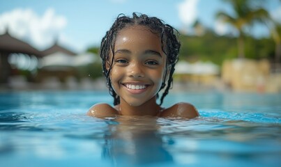 Happy Black girl swimming in a swimming pool on a summer vacation at an all-inclusive holiday resort, Generative AI