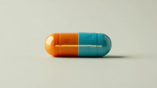 A single orange and blue pill sitting on a table