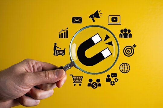 Magnifying glass focusing on a horseshoe magnet attracting various business and marketing icons representing customer acquisition and growth strategies