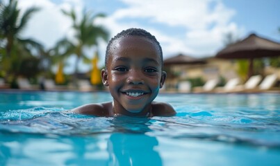 Happy young African Black boy swimming in a swimming pool on a summer vacation at an all-inclusive holiday resort, Generative AI