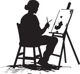 Woman drawing flower on canvas art illustration painting hobby artist creative design vector silhouette 