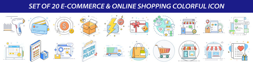 Modern Flat Line E-commerce and Online Shopping Icons Set - Colorful Vector Collection of Digital Retail, Payment, and Delivery Symbols
