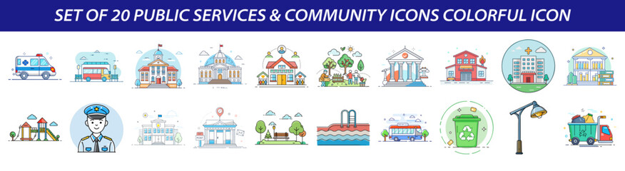 Set of Public Services and Community Icons - Flat Line Style