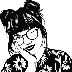 Black and white winking woman with messy bun and glasses rests her cheek playfully