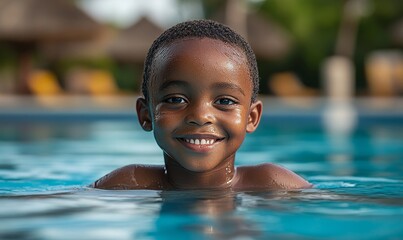Happy young African Black boy swimming in a swimming pool on a summer vacation at an all-inclusive holiday resort, Generative AI
