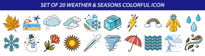 Modern Flat Line Weather and Seasons Icons Set - Colorful Vector Collection of Climate, Forecast, and Natural Phenomenon Symbols