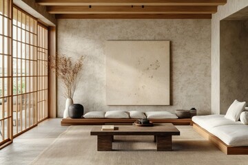 Japandi-style living room with a stucco wall, blending Scandinavian and Japanese aesthetics for a clean and modern look, Generative AI