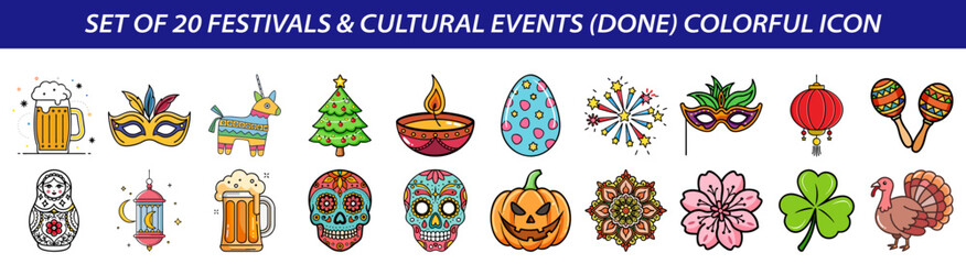 Fototapeta premium Set of 20 Colorful Festivals & Cultural Events Vector Icons