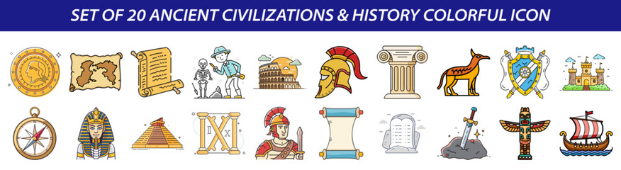 Set of 20 Colorful Ancient Civilizations & History Vector Icons