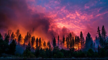 Obraz premium A forest engulfed in flames, with billowing smoke rising into the sky, representing the increasing frequency of wildfires due to global warming