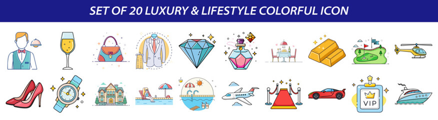 Set of 20 Colorful Luxury & Lifestyle Vector Icons