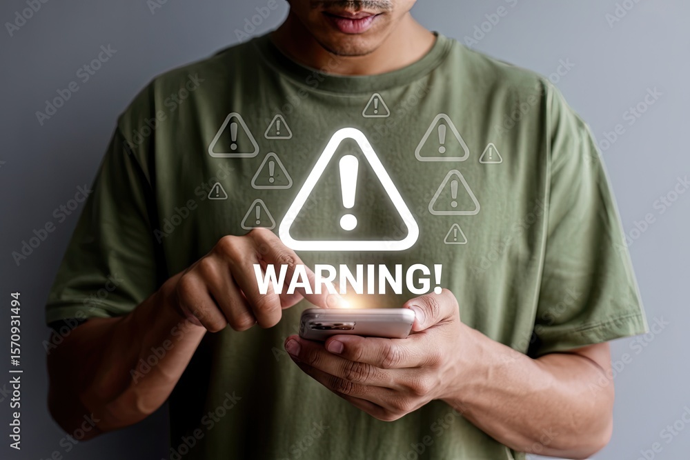 Poster man holding a smartphone with a large glowing warning symbol and multiple smaller warning icons appe