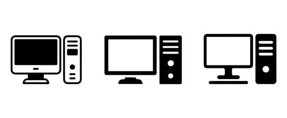 Desktop Computer Icon Set – Monitor and Tower PC Symbols in Black Silhouette and Outline Style.