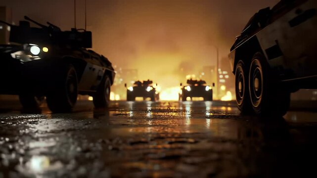 Military Armored Vehicles Advance on Wet City Streets at Night in Front of Smoke and Fire