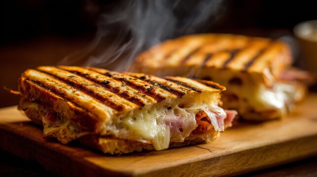 A freshly made panini with grill marks, oozing with melted cheese and ham, served with hot soup.